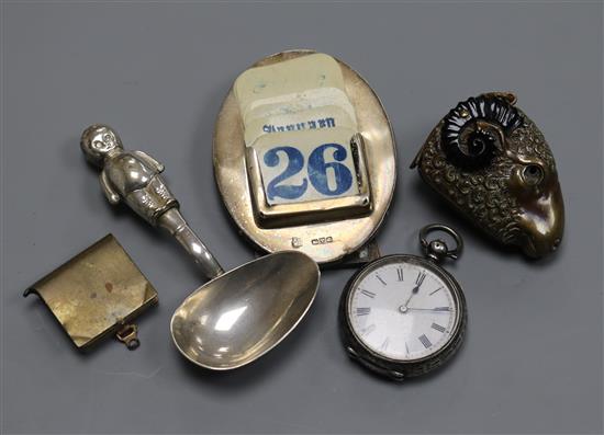 Mixed silver and collectables including silver calendar and a fob watch.